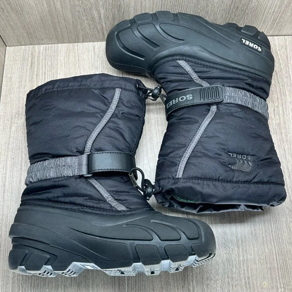 SOREL Snow Boots Youth Sz 4 Flurry Waterproof Insulated Winter Black 1638081016